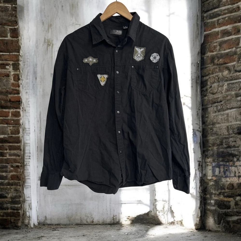Steve's Jeans Men’s XL Shirt Military Theme Patches‎ Snap Long Sleeve Black